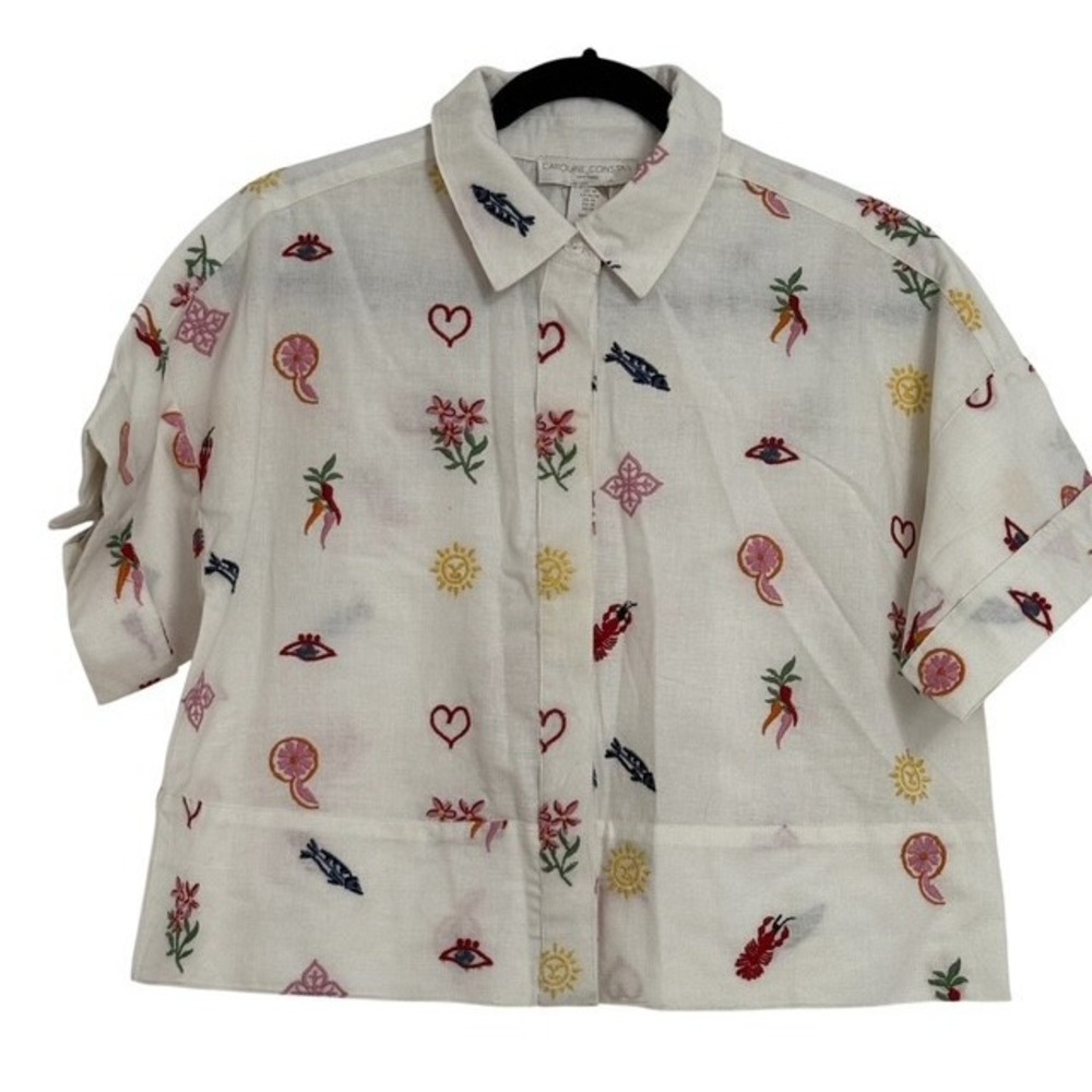 NWTCAROLINE CONSTAS L Frutti Di Mare Embroidered Sun Flowers Fruit Linen Medium
